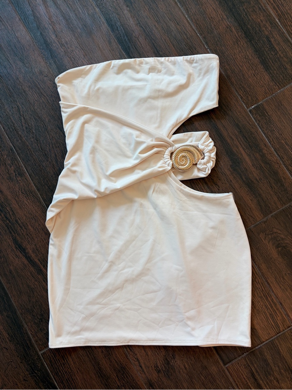Peppermayo One-Shoulder Cream Cutout Dress with Decorative Ring